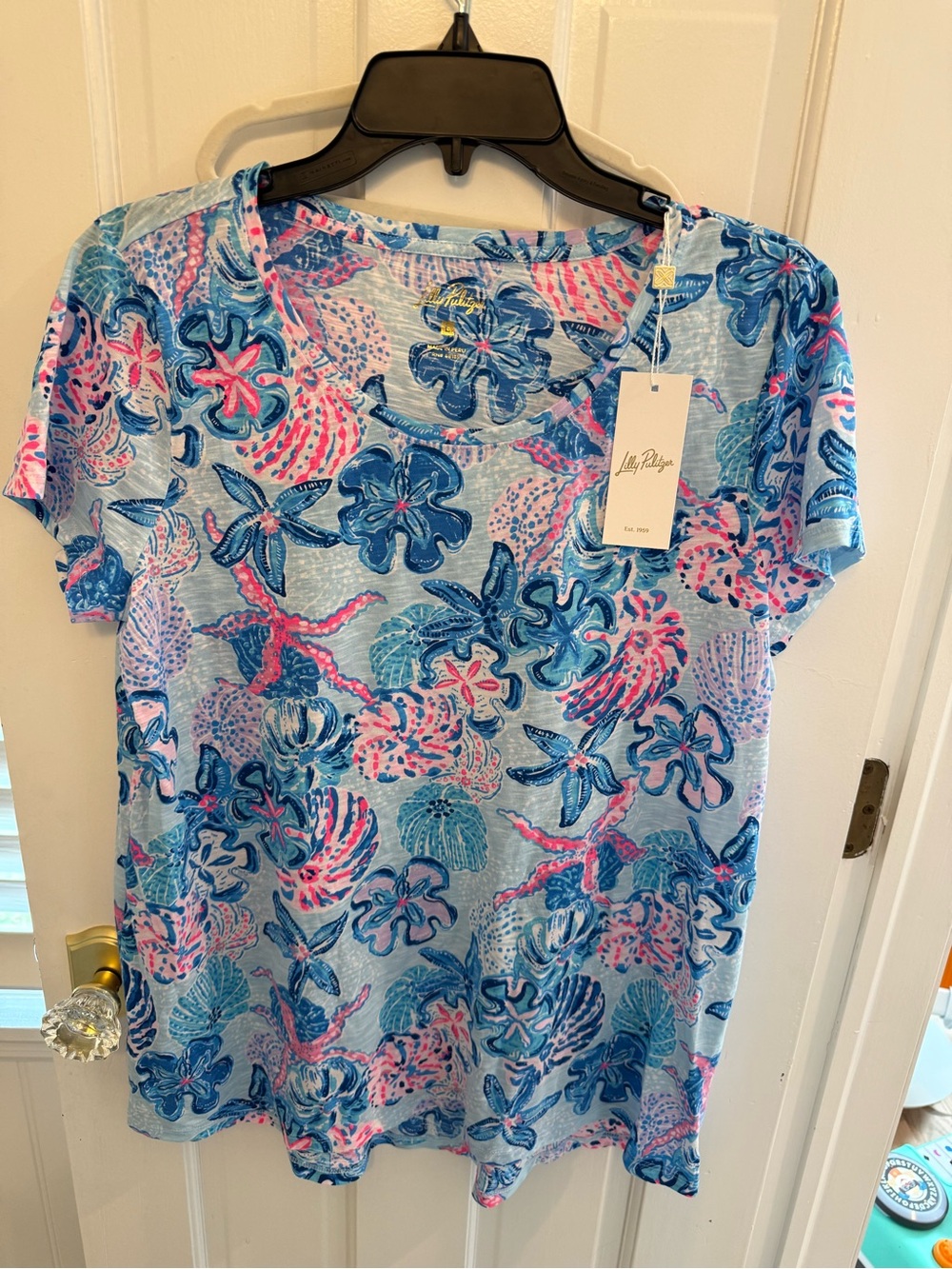 Lilly Pulitzer Light Blue Floral Shell-Print Tee with Pink Accents